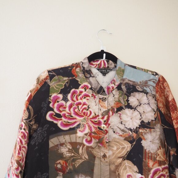 Citron Santa Monica Floral Japanese Geisha Button Down Blouse sz S - Picture 2 of 7